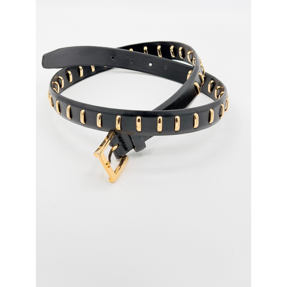 Carlisle Womens Black Leather Belt Size 33 Gold Accents Modernist Statement USA
